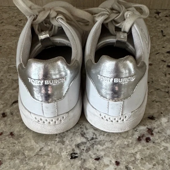 Tory Burch White Leather Sneakers with Gold Metallic Heel Accent - Picture 2 of 5